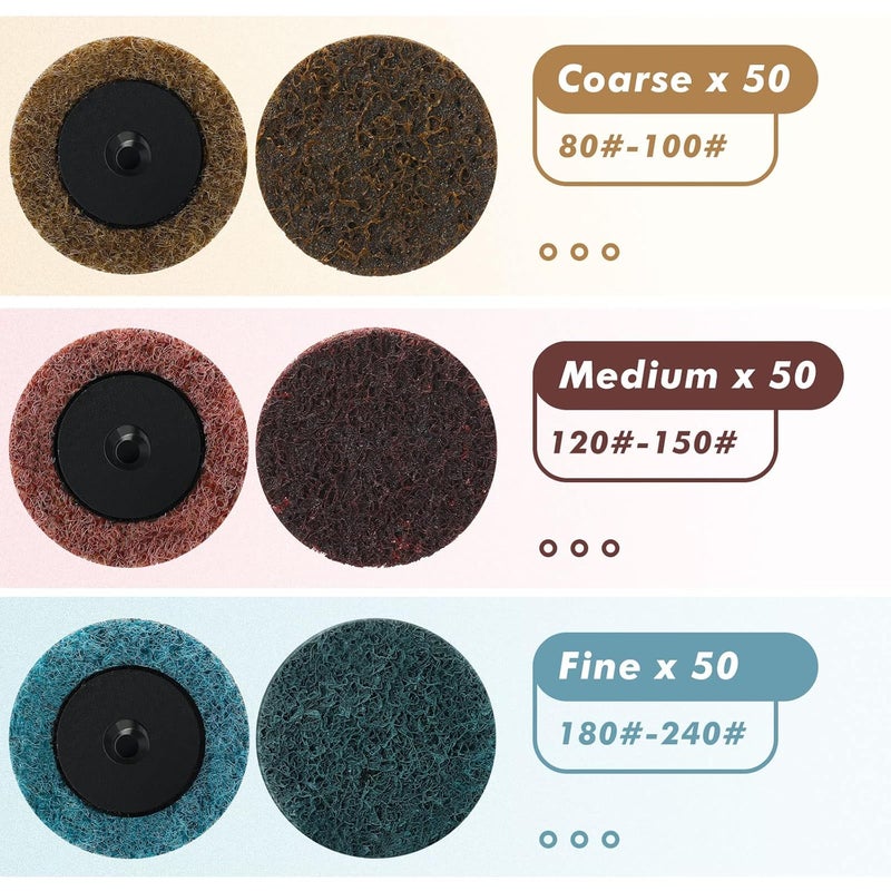 Macarrie 150 Pcs 2 Inch Surface Conditioning Sanding Discs Quick Change Fine Medium Coarse Sanding Pads Die Grinder Accessories for Surface Strip Grind Polish Burr Finish(Aluminum Oxide) - Image 3